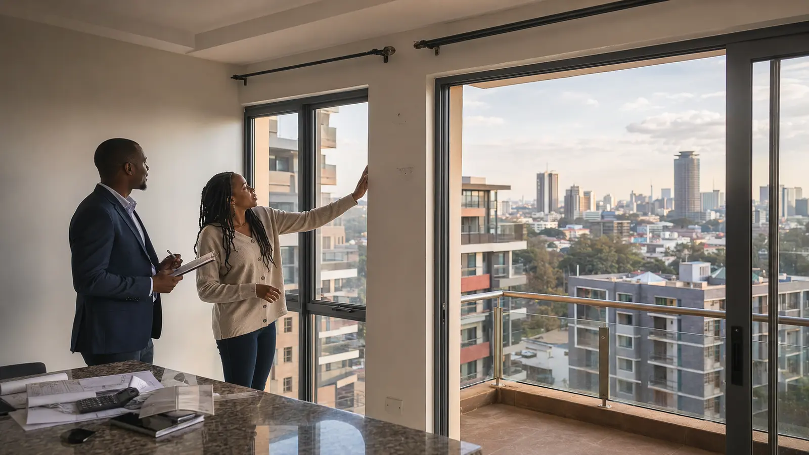 Kenyan property investor inspecting a Nairobi apartment and evaluating residential property returns
