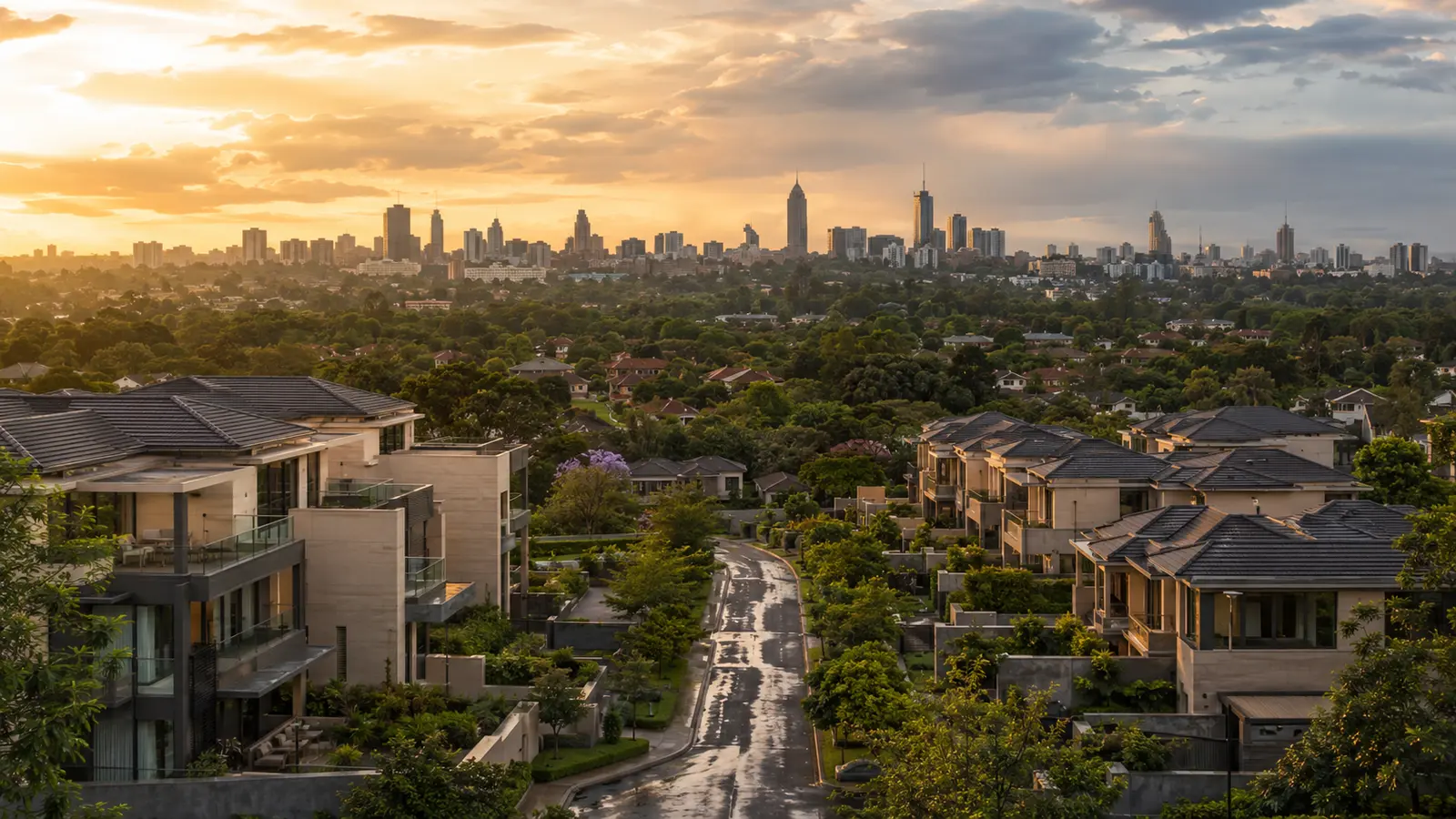 Nairobi residential neighbourhood and city skyline photographed in warm evening light