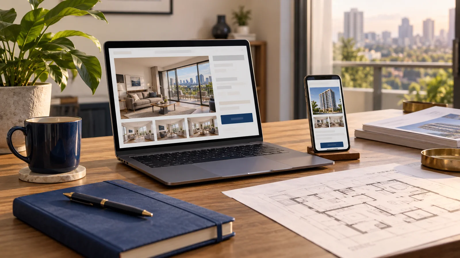 Illustrative Facebook and Instagram property ad planning on a laptop and phone