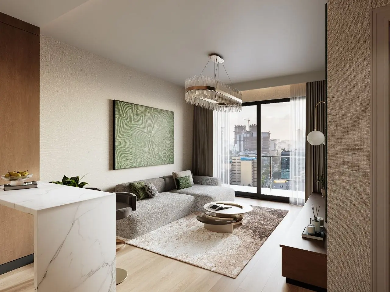 Morvara apartment living room with balcony and Westlands city view