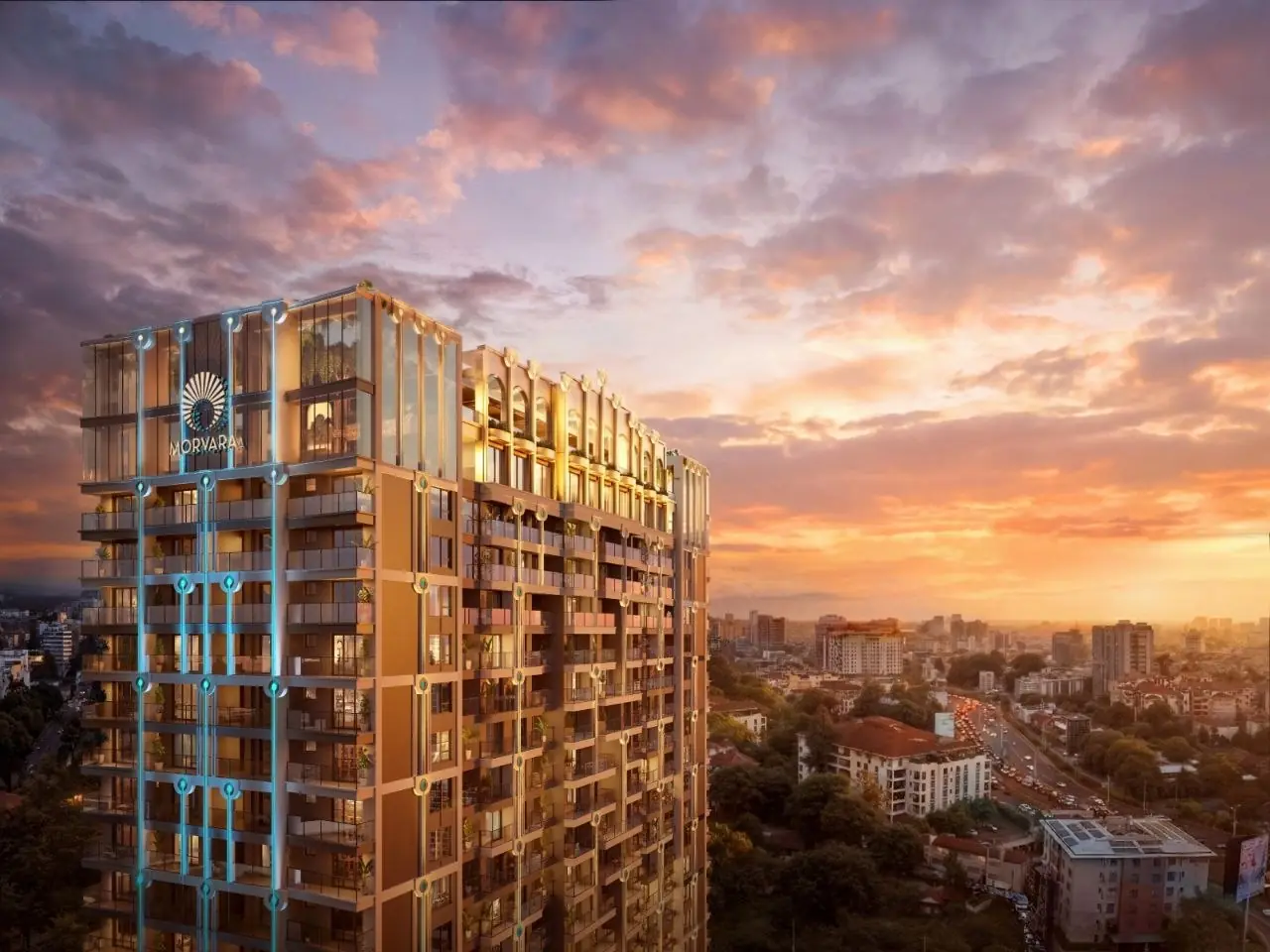 Developer rendering of Morvara Serviced Apartments in Westlands at sunset