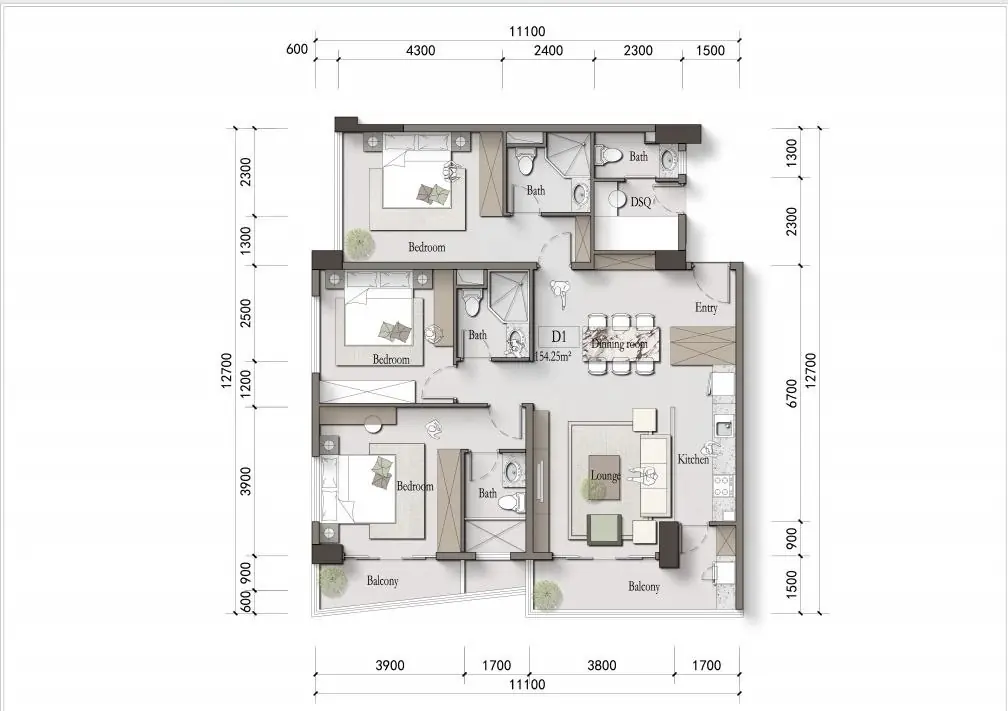 Morvara three-bedroom apartment with DSQ floor plan measuring approximately 154.25 square metres