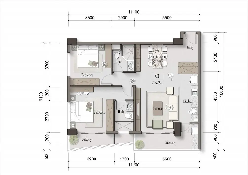 Morvara two-bedroom Type C1 floor plan measuring approximately 117.89 square metres