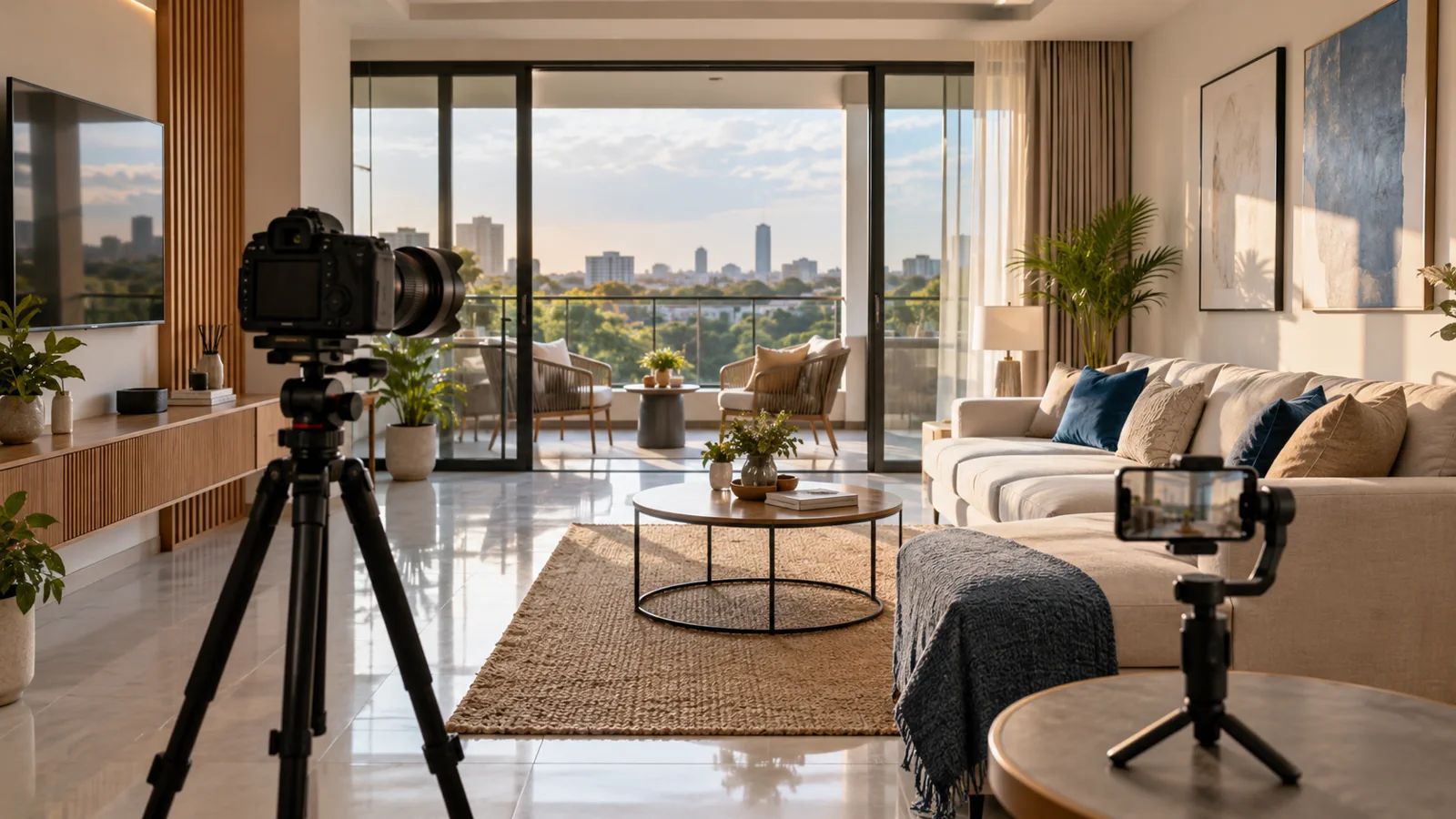 Illustrative empty property video filming setup with a camera and phone