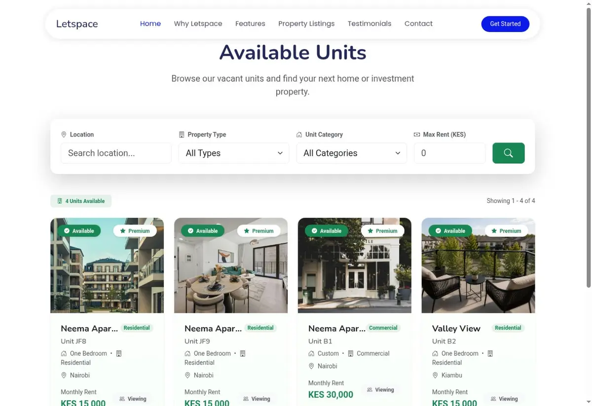 LetSpace vacancy only property listings in Kenya with rent and unit filters