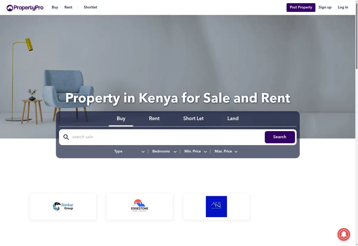 PropertyPro Kenya property search for sale rent and short let listings