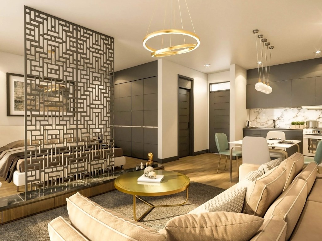 SAIF's Covo Arboretum studio interior visualisation, showing a screened sleeping area, lounge and open kitchen.