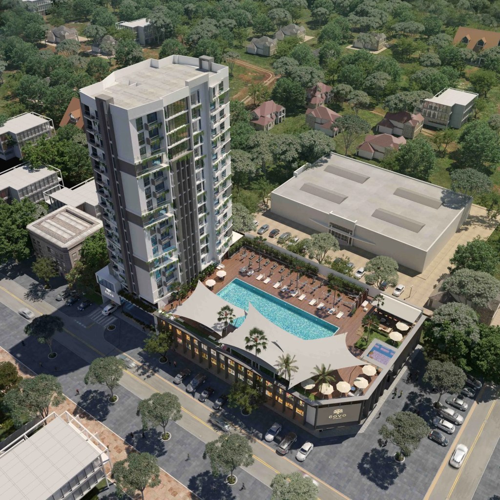 Developer visualisation of Covo Residence and the Covo commercial podium in Lavington, with a swimming pool and shops.