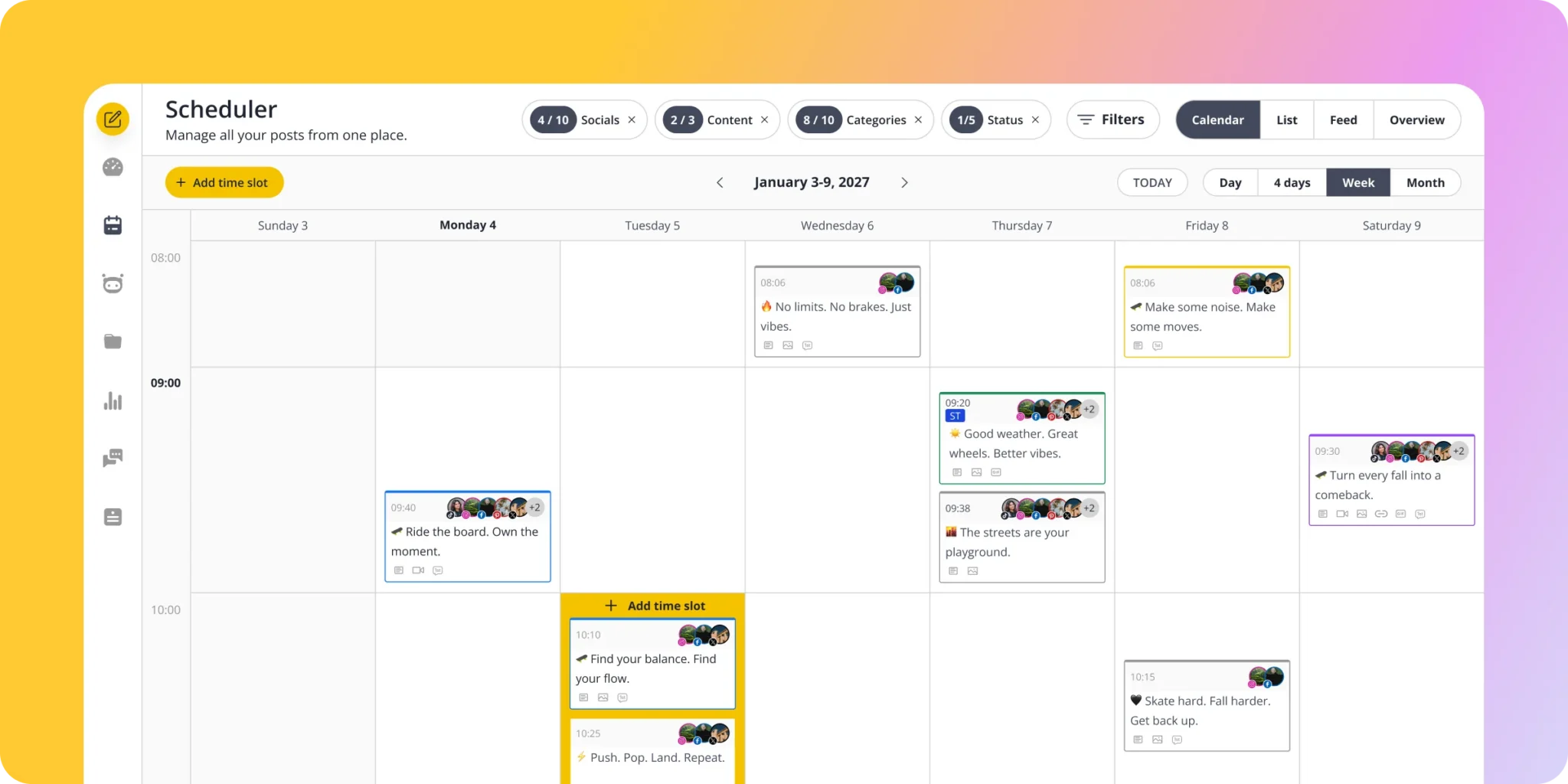 SocialBee weekly calendar displaying scheduled posts with coloured categories and social platform icons